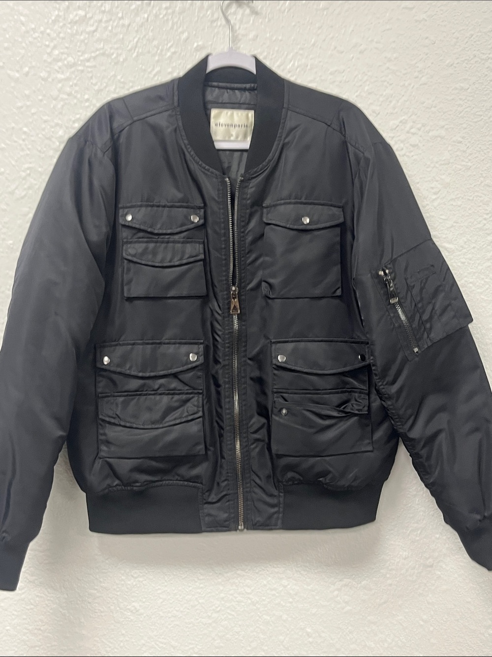 Eleven Paris Black Utility Bomber Jacket with Multiple Pockets